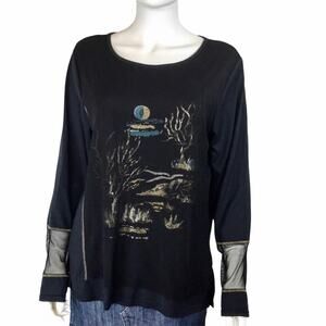 Coldwater Creek Black Mesh Over Gold Moonrise Black Tee